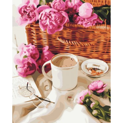 Картина по номерам "Пионы в корзине и кофе", Brushme Картина по номерам "Пионы в корзине и кофе", Brushme